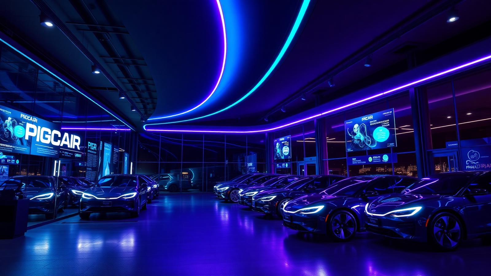 Showroom PiCAR notturno con auto elettriche e neon